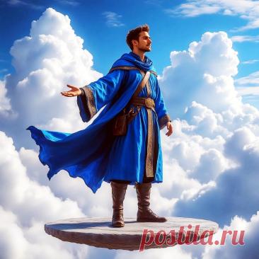 ВОЛШЕБНИК в СИНЕМ ПЛАЩЕ, ЛЕТЯЩИЙ В ОБЛАКАХ на КАМЕННОМ ДИСКЕ (нейросеть Шедеhвум). Магические и волшебные образы и сюжеты, созданные нейросетями.