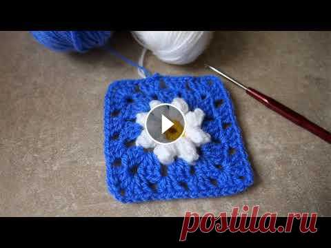 Вязание квадратного мотива с цветком. Пошагово для начинающих. Пряжа 