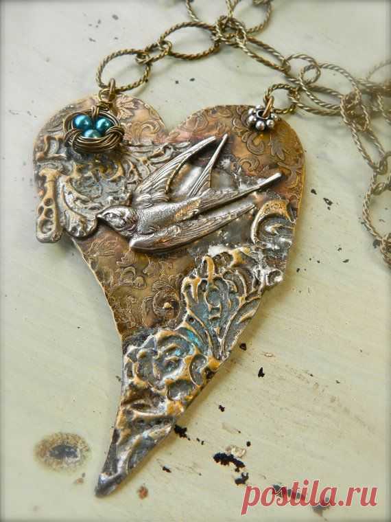 Textured Silver and Brass Swallow Heart Pendant