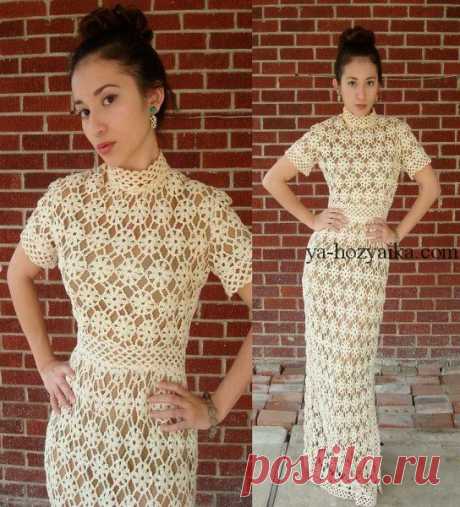 Платье из цветочных мотивов крючком. Дизайнерское платье крючком схемы