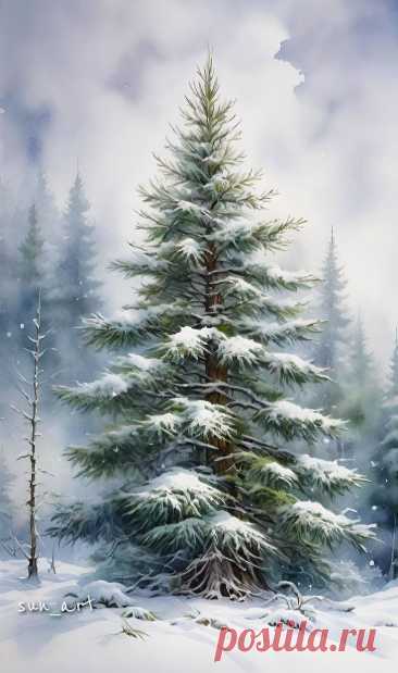 a painting of a pine tree in the snow