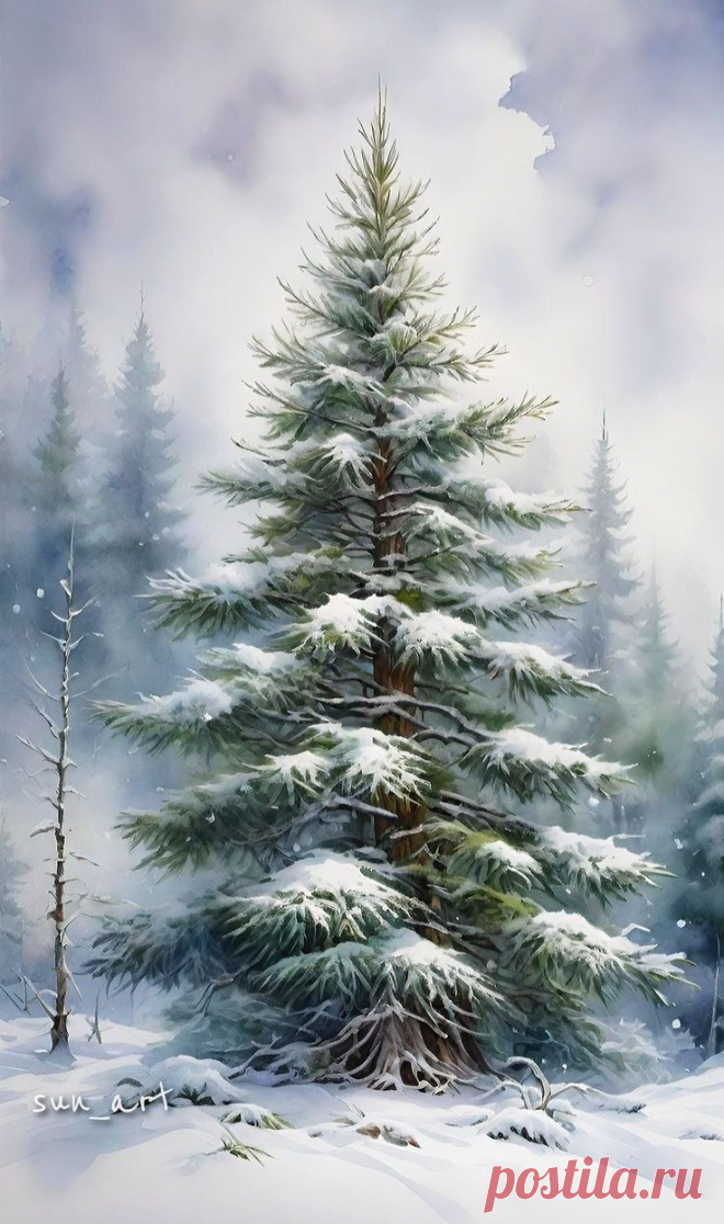 a painting of a pine tree in the snow