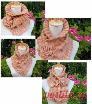 Оригинальные шарфы - воротники 
Пряжа: Elsebeth Lavold Angora, 50 г – 83 м, 4 моточка 
Спицы: 5 мм или другие спицы для достижения необходимой плотности 
вязания. 
Плотность вязания: 18 петель и 26 рядов = квадрат со стороной 10см 
чулочной вязкой. 
Размер готового изделия: 20 см шириной, 63,5 см в длину. 
ШАРФ: 
1я часть 
Набрать 90 петель способом Provisional Cast On method (смотреть здесь: 
Ряды 1-3: платочная вязка. 
Ряд 4: (лицевая сторона) *провязать 1 петлю лицевой сначала за переднюю, з