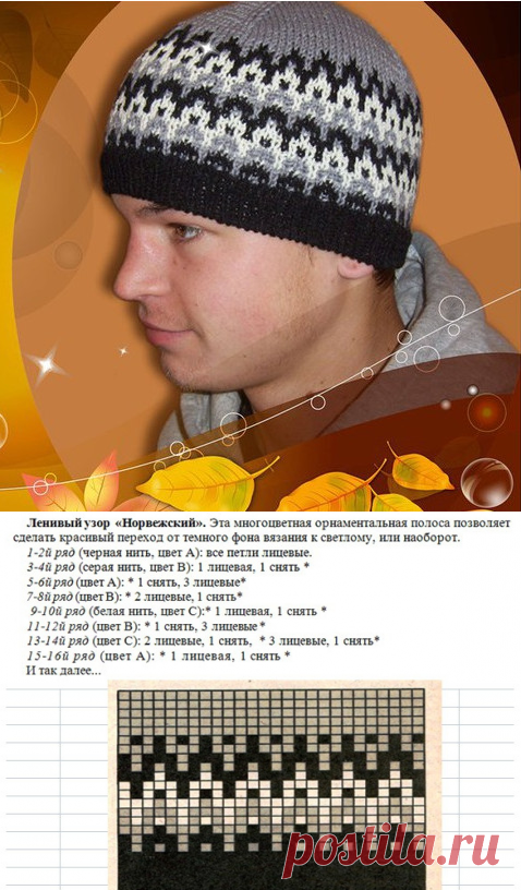 Мужская шапка ленивым жаккардом спицами
