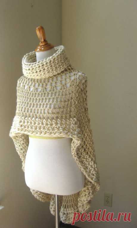 BEIGE BOHEMIAN PONCHO Crochet Knit Cream Cape Shawl Turtleneck Boho Chic Hippie Feminine Capelet Chic Romantic Fall Fashion Ruffled Original