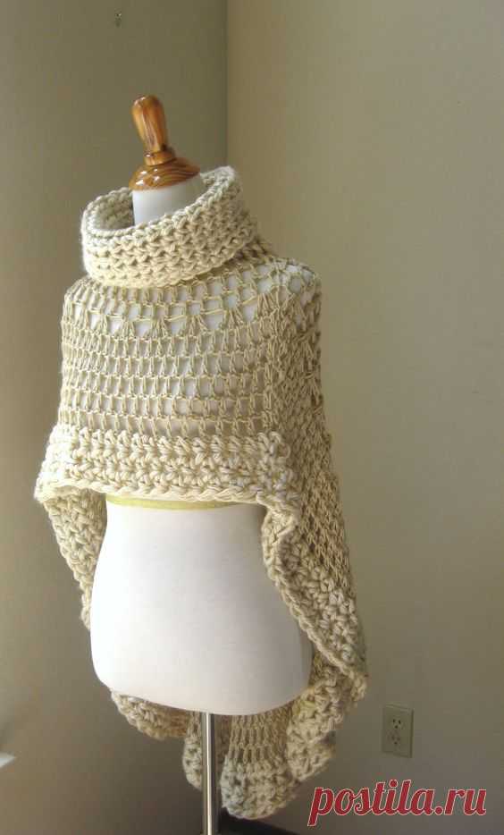 BEIGE BOHEMIAN PONCHO Crochet Knit Cream Cape Shawl Turtleneck Boho Chic Hippie Feminine Capelet Chic Romantic Fall Fashion Ruffled Original