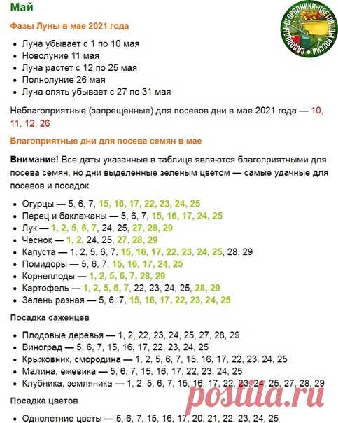 Лунный календарь на Май 2021 года