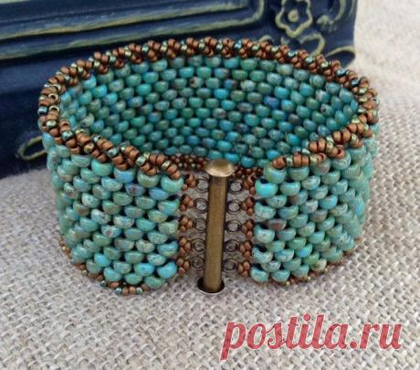 (87) Peyote Stitch Beaded Bracelet ~ Beadweaving Rustic Turquoise Czech Cuff~Antique Brass Western Boho Chic ~ Peyote Chic by Country Chic Charms