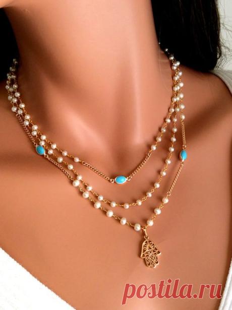 Hamsa Necklace Gold Filled Freshwater Pearls Turquiose Multi Strand Necklaces Kabbalah Jewelry Hand of Fatima High Quality Gift Women Custom