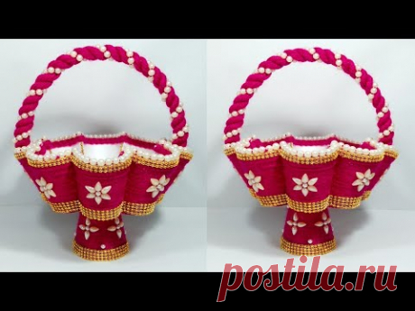 DIY EASY CUPS WOOLEN FLOWER BASKET CRAFT IDEA/WOOLEN FLOWER VASE/BEST OUT OF CUPS AND WOOL