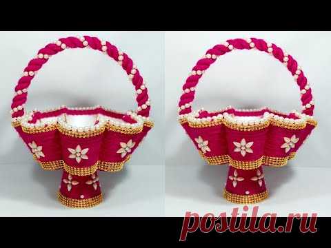 DIY EASY CUPS WOOLEN FLOWER BASKET CRAFT IDEA/WOOLEN FLOWER VASE/BEST OUT OF CUPS AND WOOL