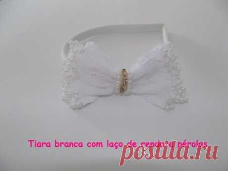 Faça você mesma: Tiara branca com laço de renda e pérolas