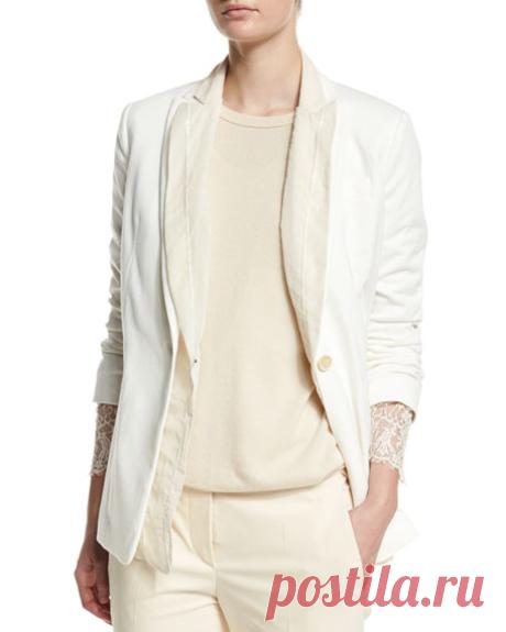 Brunello Cucinelli Double-Layer Jacket W/Paillettes, Cashmere/Lace Pullover Sweater, Scoop-Neck Stretch-Satin Tank &amp; Straight-Leg Cropped Pants