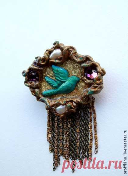 Брошь "Бирюзовая птичка" - золотой,стрекоза,птичка,бирюза,бирюзовый,модный аксессуар