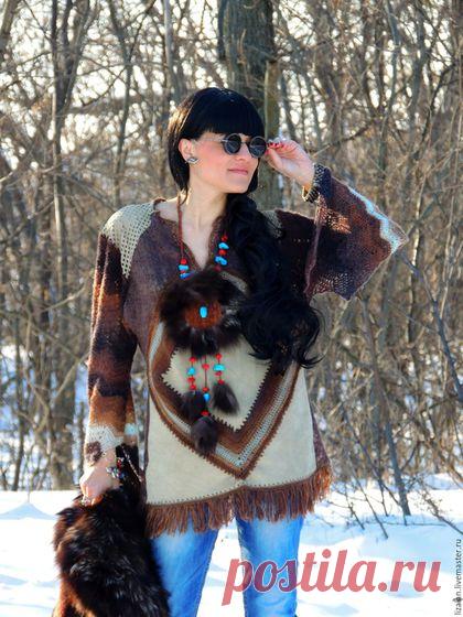 Купить Туника в стиле БОХО из кожи и пряжи (№33) - коричневый, туника бохо, стиль бохо