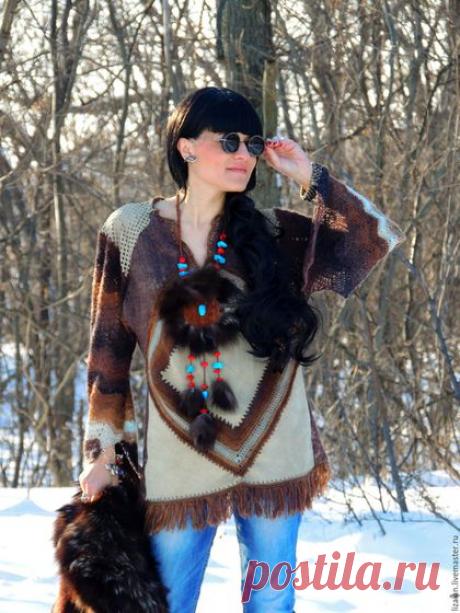 Купить Туника в стиле БОХО из кожи и пряжи (№33) - коричневый, туника бохо, стиль бохо