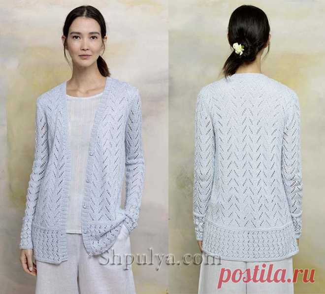 Небесно-голубой ажурный кардиган на пуговицах.
Размеры: S (N1) L (XL).
