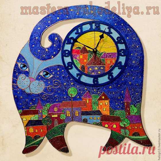 Мастер-класс по выпиливанию из дерева: Часы большие "Синий кот"