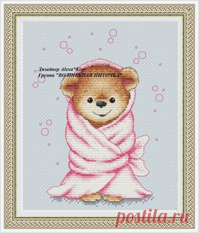 схема для вышивки крестом детской метрики для девочки - Мишутка в одеялке