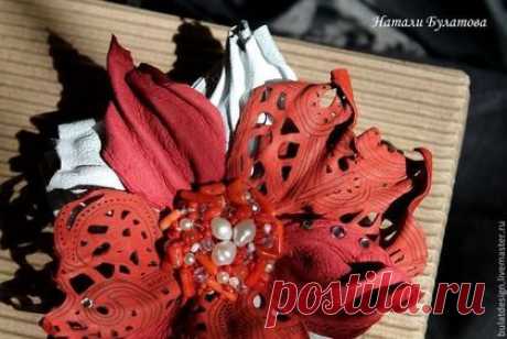 Брошь из кожи "Коралловые рифы". Бронь для Л. - коралловый, брошь цветок, брошь из кожи