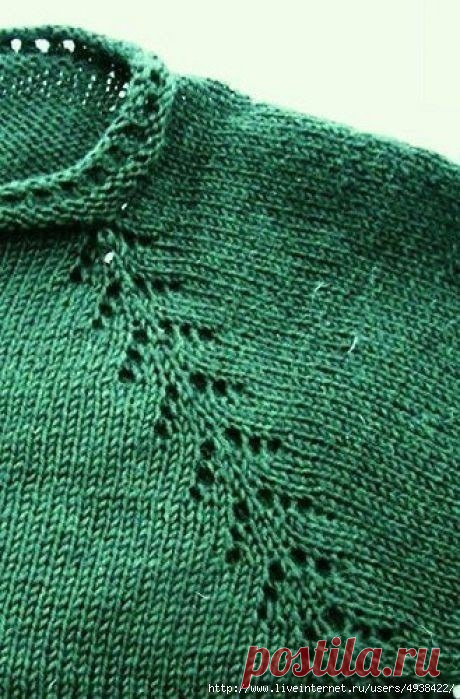 Реглан "Елочка"

(вязание от горловины).
Выполнение реглана: 
1р: 1 накид, 1 лиц. (отмеченная петля), 1 накид. 

3р: 1 накид, 3 лиц., 1 накид. 

5р: 1 накид, 5 лиц., 1 накид. 

7р: 1 накид, 7 лиц. (средняя лиц. петля = отмеченная петля), 1 накид. 

2,4,6,8 ряды: все петли и накиды вязать лиц. 

1-8 ряды повторить 7 раз, при этом начать отсчет от отмеченной петли! (Вследствие поднятия накидов в каждом 2-м р. прибавляется по 2п.!) 

Перед началом выполнения реглана отмечаем ...