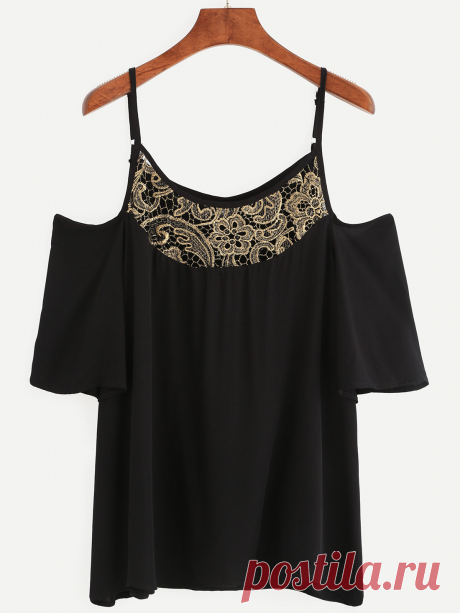 Black Cold Shoulder Flower Lace Insert Top