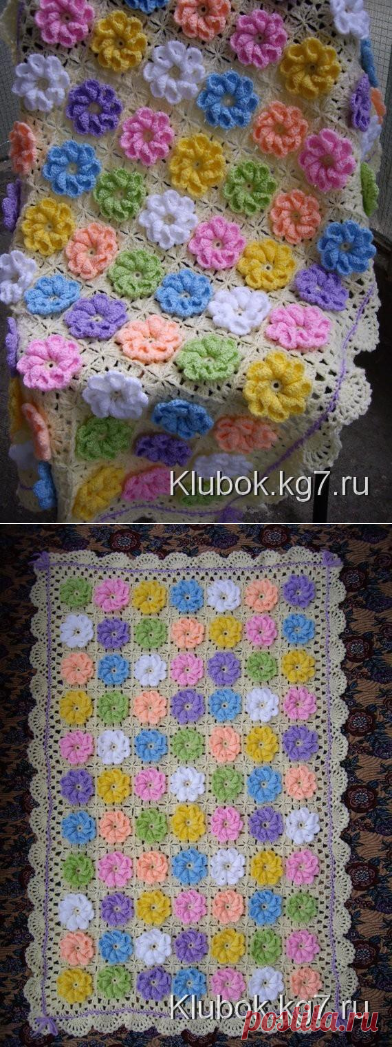 Плед с объёмными цветами - Вязание крючком