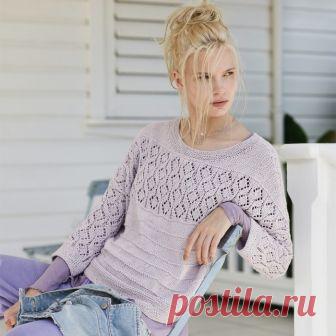Нежный джемпер с полосой ажурных ромбов спицами!