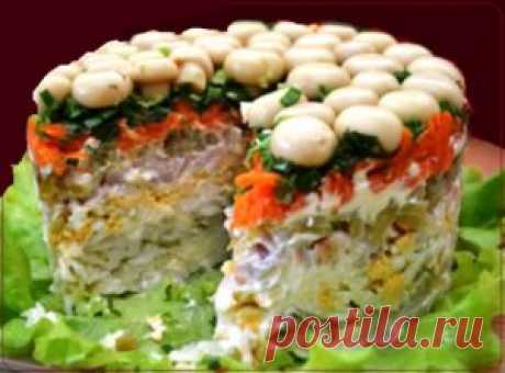 Салат «Грибная поляна» с печенью трески | Рецепты вкусно