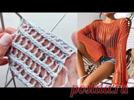 Крупная сетка спицами / Как вязать по кругу