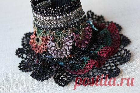 Beaded freeform crochet bracelet with brown, maroon, forest green, purple and gray beaded crochet flowers and black lace by irregular expressions | Flickr - Photo Sharing!