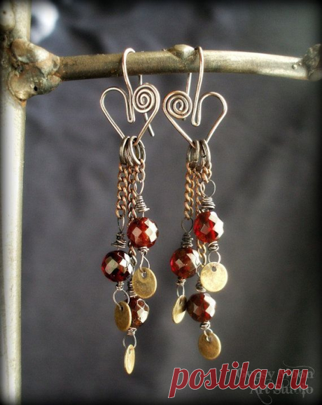 (14) Garnet Heart Earrings. Genuine Faceted Garnet and Hearts Wire Wrapped Earrings for Valentines Day