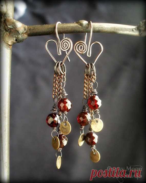 (14) Garnet Heart Earrings. Genuine Faceted Garnet and Hearts Wire Wrapped Earrings for Valentines Day