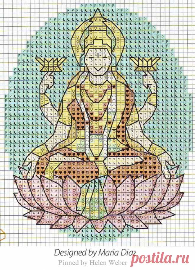 a cross stitch buddha sitting on top of a lotus flower