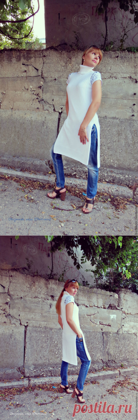 Купить Вязаный удлинённый жилет- туника &quot;Блаженство&quot; - белый, однотонный, вязание на заказ, женская одежда