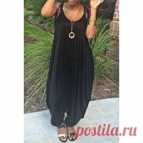 Wholesale Sexy Spaghetti Strap Sleeveless Solid Color Loose-Fitting Jumpsuit For Women (BLACK,L), Jumpsuits - Rosewholesale.com