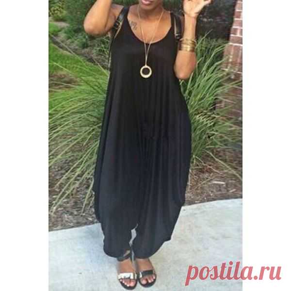 Wholesale Sexy Spaghetti Strap Sleeveless Solid Color Loose-Fitting Jumpsuit For Women (BLACK,L), Jumpsuits - Rosewholesale.com