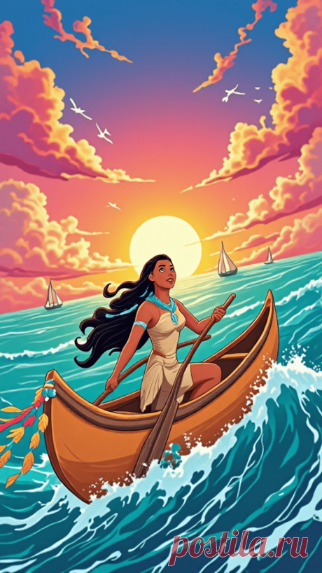 🌊✨ Погрузитесь в атмосферу силы духа и вдохновения! Покахонтас управляет своей лодкой среди бескрайних вод. Посмотрите наш свежий шортс — он напомнит о том, как важно бороться за мечты. Поделитесь с близкими! 🎥💖