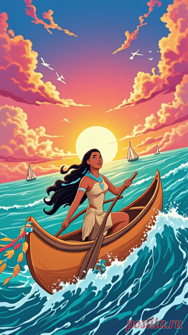🌊✨ Погрузитесь в атмосферу силы духа и вдохновения! Покахонтас управляет своей лодкой среди бескрайних вод. Посмотрите наш свежий шортс — он напомнит о том, как важно бороться за мечты. Поделитесь с близкими! 🎥💖