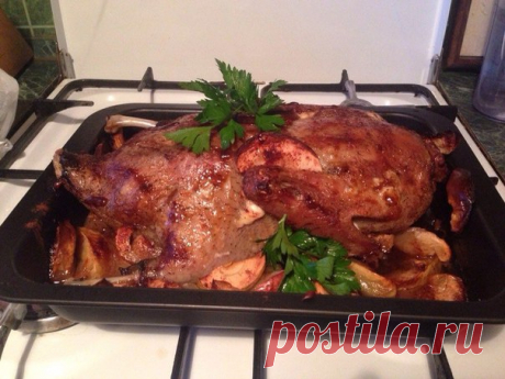 Хочу поделиться вкусным рецептом приготовления утки в духовке))) Отлично подойдет для праздников, для обычного семейного или романтического ужина. Утка получается ароматная, вкусная и самое главное полезная))))

Берем тушку утки, у меня своя домашняя, 2-2.5 кг.
Яблочный уксус
Соль, перец
Корица
Яблоки антоновка 5 шт.
Мед
Кинза

Утку моем, сушим. Изнутри и снаружи натираем солью и перцем. Делаем маринад. Абсолютно простой и вкусный, разводим уксус в воде замачиваем тушку на...