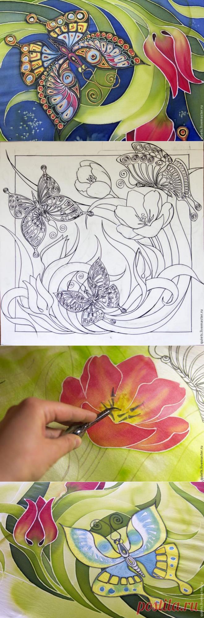 Расписываем платок "Бабочки и тюльпаны"