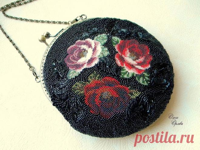 Три розы - вечерняя сумочка,розы,бисер,фермуар