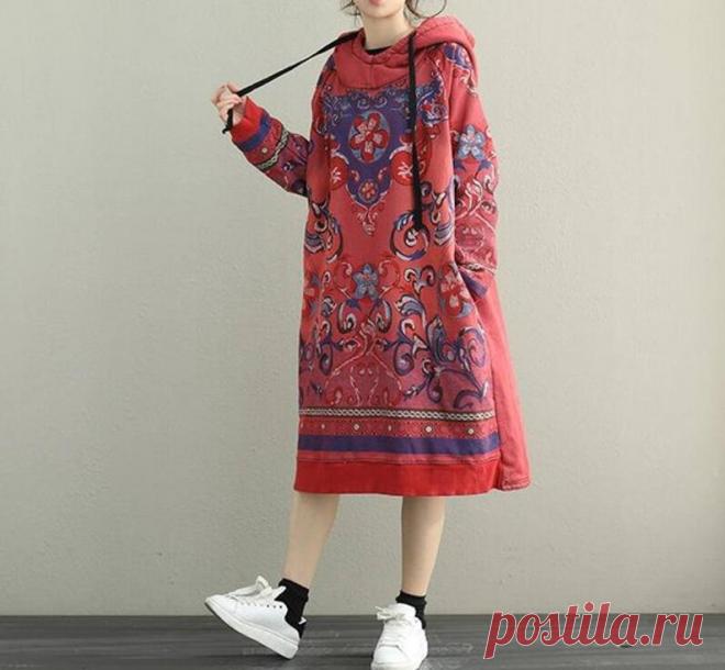 Women Hooded midi dress longsleeved dress Loose bottoming | Etsy