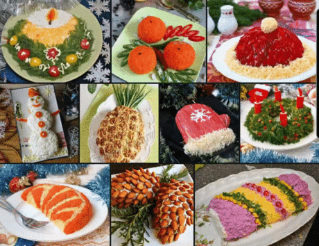 Обязательно сохраните 
Подборка 10 праздничных нарядных салатов:
1. Салат «Свеча»
Ингредиенты:
вареный картофель – 2 шт.,
яйца вареные – 3 шт.,
копченое мясо – 300 г,
луковица – 1 шт.,
сыр твердый – 150 г,
майонез.
Для украшения:
зелень укропа – 1 пучок,
перец сладкий красный – 1,
перец желтый – 1,
чернослив – 1 шт.,
морковь – 1.
Картофель отварить в мундире, охладить, затем очистить. Натереть на крупной терке, немного посолить и выложить на тарелку в форме круга. Смазать сверху майонезом.