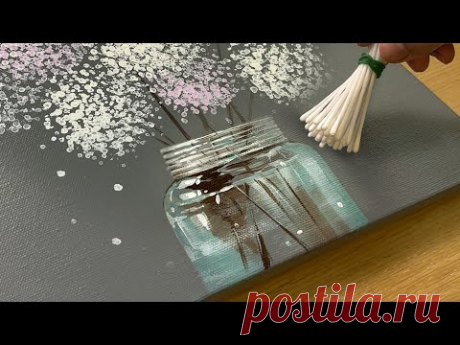 Роспись вазы для цветов / Техника росписи акрилом / Рисование гортензий