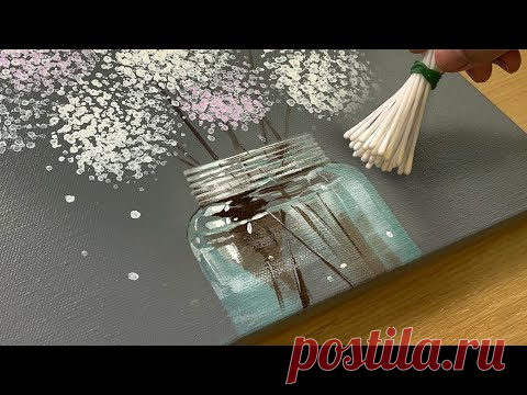Роспись вазы для цветов / Техника росписи акрилом / Рисование гортензий
