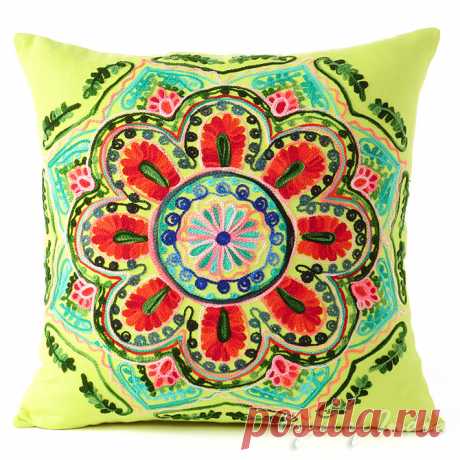 Green and Yellow Embroidered Colorful Decorative Sofa Throw Pillow Couch Cushion Cover - 16" | Embroidered Pillows | Eyes of India