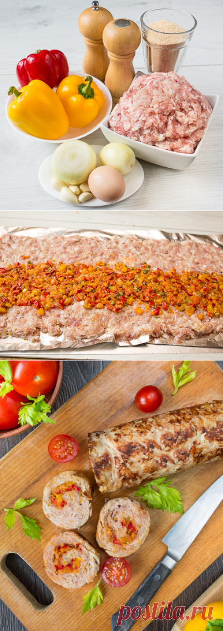 Рубленый мясной рулет со сладким перцем
