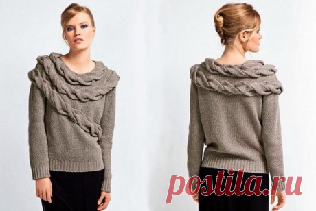 Модный свитер спицами жемчужным узором с косами / my-kolibri.ru