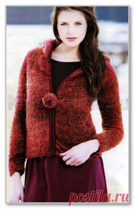 Вязание спицами. Женские модели. Жакет из мохеровой буклированной пряжи, на молнии, с капюшоном. Размер: 34-52